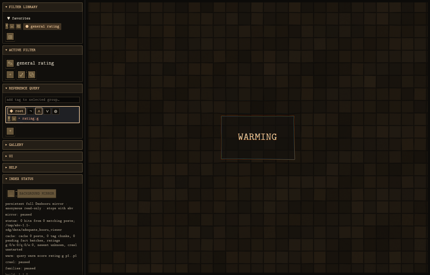 Adequate Booru Viewer with a general-rating filter, mirror status, and the Warming water plate