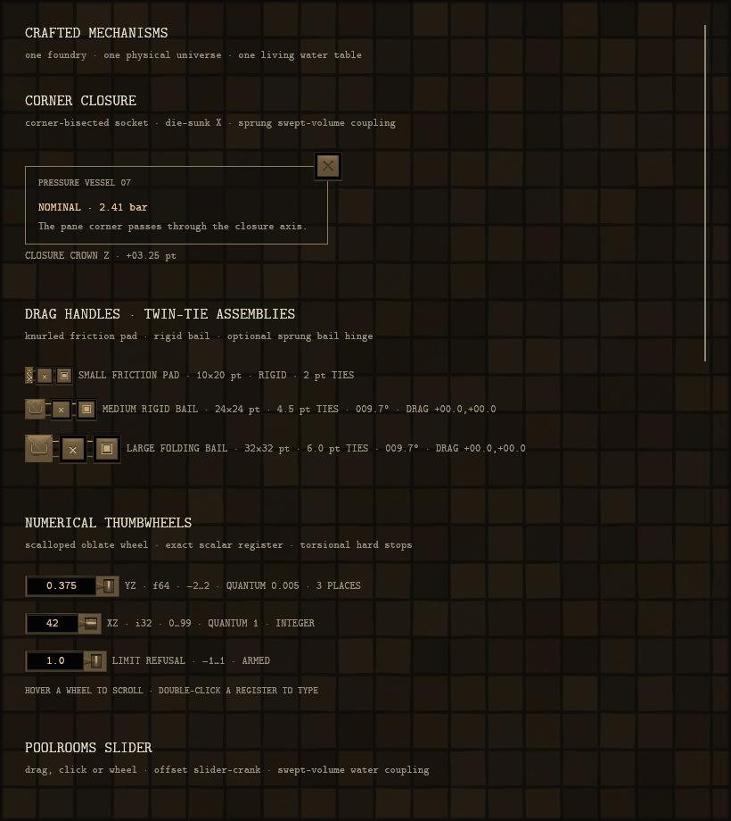 Dwemer Poolrooms gallery showing bronze closure, drag-handle, and number-input mechanisms over dark water