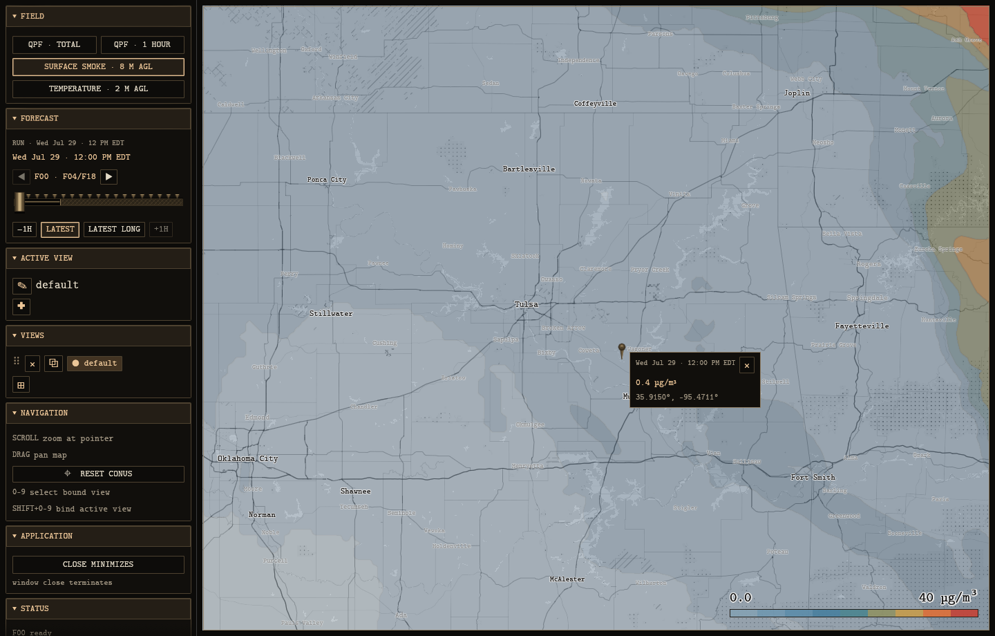 HRRR displaying surface smoke over Oklahoma with a point probe near Wagoner