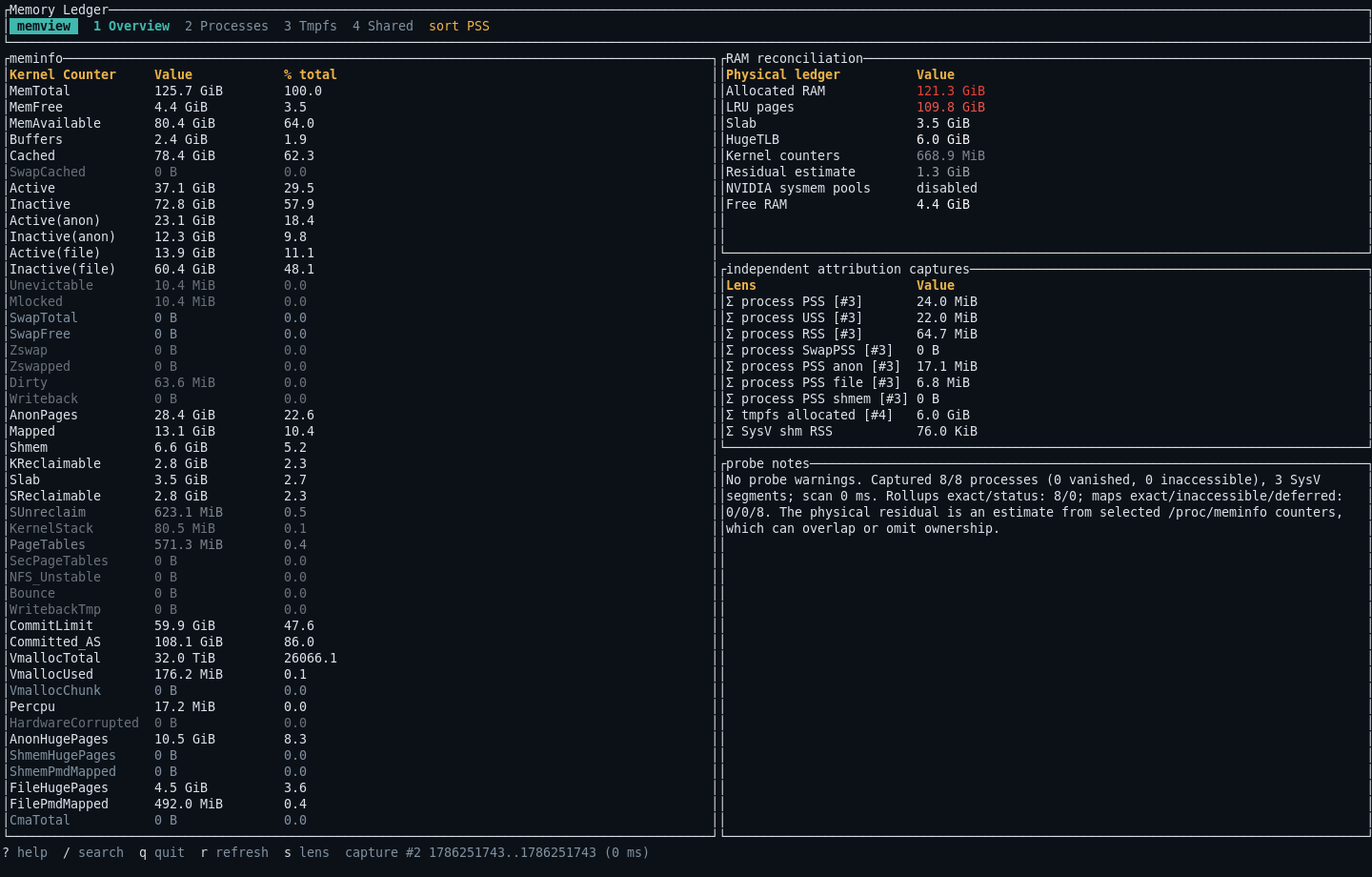 memview reconciling Linux memory counters, process attribution, tmpfs, and shared-memory totals