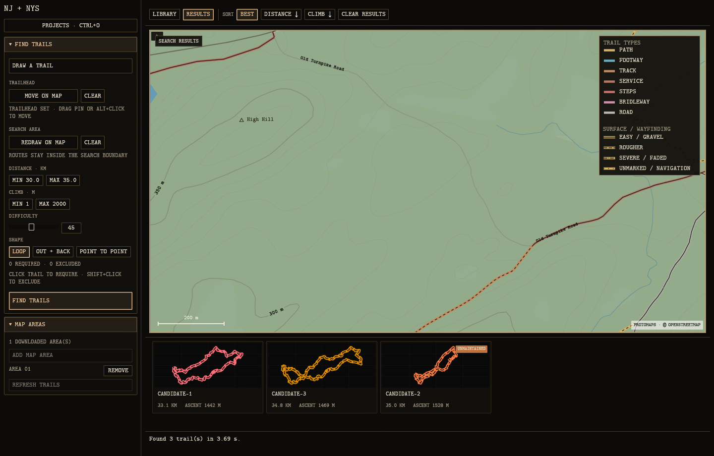 Trailgen displaying a route-search map with three long-day loop candidates